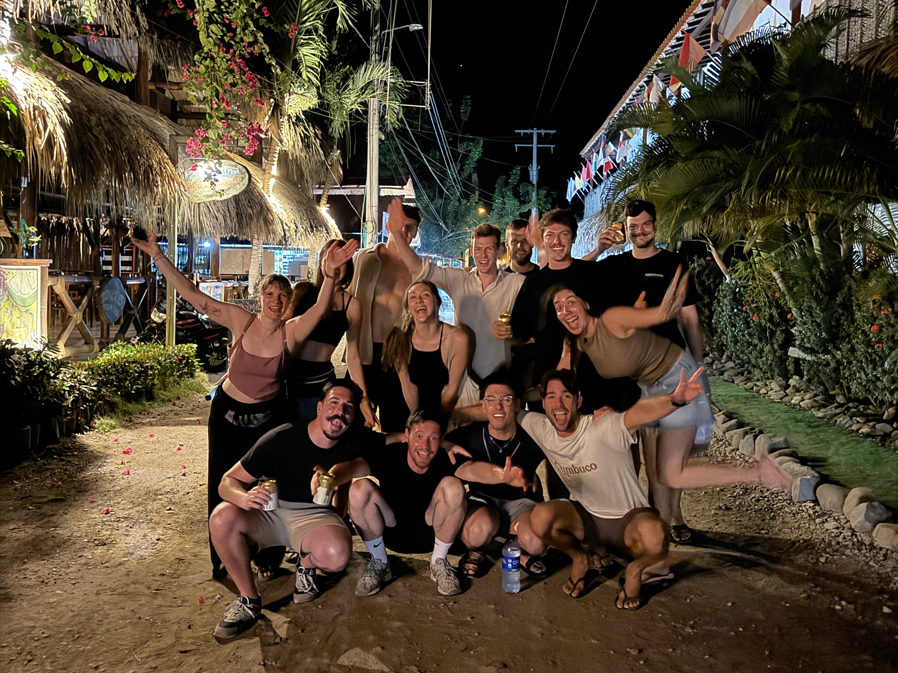 Backpackers having fun on a night out in Latin America