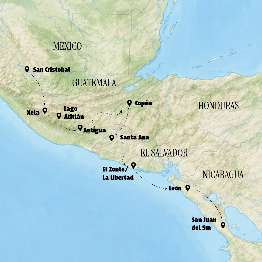 Backpacker Spanish Mexico to Nicaragua route map